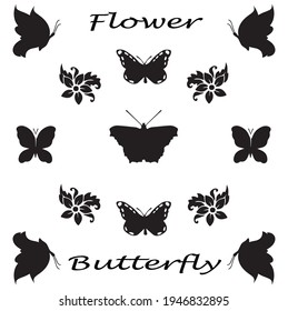 Nahtlose Muster schwarz-weißer Schmetterlinge und Blumen. Schmetterling und Blume Silhouetten. Verwendung für Fliesenhintergrund.
