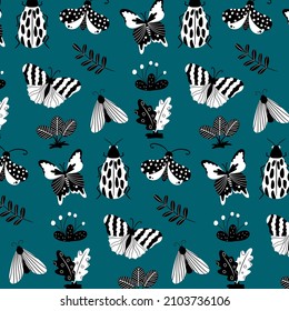 Seamless pattern with black and white butterflies, moths, dragonflies and botanical elements. Vector pattern in cartoon style. For clothing, fabric, wallpaper and all prints on a white background