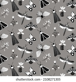 Seamless pattern with black and white butterflies, moths, dragonflies and botanical elements. Vector pattern in cartoon style. For clothing, fabric, wallpaper and all prints on a white background