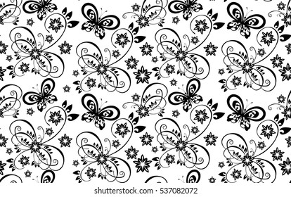 Seamless pattern with black and white butterflies and floral elements
