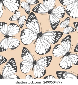 Seamless pattern of black and white butterfly. Hand drawn illustration vector. Painted butterflies elements on beige background. Animal motif abstract. For fabric, textile, design, banner, wrapping 