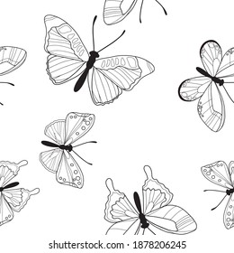 Patrón sin foco de mariposas blancas y negras. Patrón de mariposas vectoras. Resumen de fondo transparente.