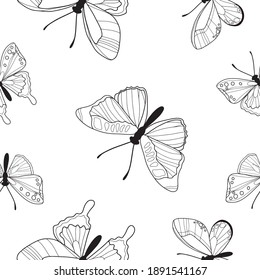 Seamless pattern of  black and white butterflys. Vector butterflies pattern. Abstract seamless background.