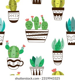 Patrón sin foco con cactus en blanco y negro y suculentos sobre un fondo blanco. Impresión vectorial con cactus suculentos en estilo escandinavo geométrico minimalista.