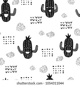 Seamless pattern - black and white cactus. Vector illustration. Repeating wallpaper. Perfect for kids fabric, textile, nursery wallpaper.