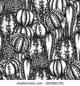 Seamless pattern with black and white cactus