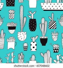 Patrón transparente con cactus en blanco y negro y suculentos sobre fondo azul. Impresión vectorial con cactus suculentos en estilo escandinavo geométrico minimalista. Plantilla de mosaico vectorial de corte