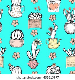 Seamless pattern with black and white cactus with flowers in pastel pink pot on blue background. Vector print with cacti. Cute tile template, hand drawn 