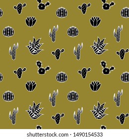 Seamless pattern with black and white cactuses isolated on mustard background. Vector illustration.