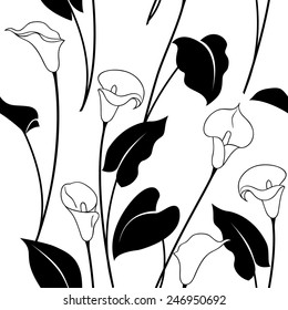 Seamless pattern with black and white calla lily flowers and  leaves.