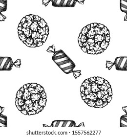 Seamless pattern with black and white candies, cookie