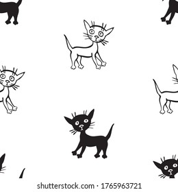 Seamless pattern of black and white cartoon kittens