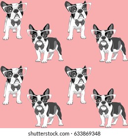 Seamless pattern with a black and white Cartoon French Bulldog puppies in a glasses on a pink background. Vector illustration.