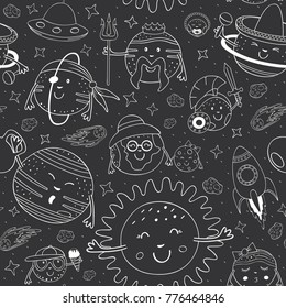seamless pattern with black and white cartoon solar system