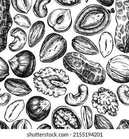 Seamless pattern with black and white cashew, peanut, pistachio, etc.