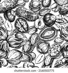 Seamless pattern with black and white cashew, peanut, pistachio, etc.