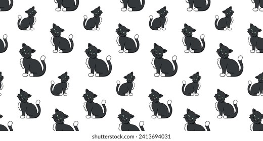Seamless pattern with black and white cat with green eyes sitting and looking to the side doodle vector