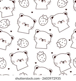 seamless pattern black and white cat and strawberry cartoon. cute animal pattern for background and gift wrap paper