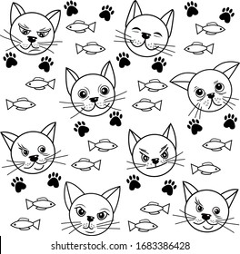 Seamless pattern of black and white cats. On the faces depicted different emotions. Vector illustration on a white background.