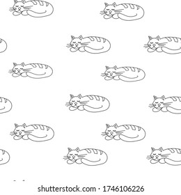 Seamless pattern of black and white cats. Satisfied cat is sleeping, striped back. For paper, cover, fabric, gift wrap, wall art, home decor. Simple vector surface pattern design.