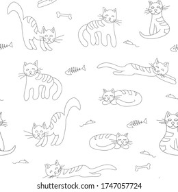 Seamless pattern of black and white cats. Satisfied cat is sleeping, striped back. For paper, cover, fabric, gift wrap, wall art, home decor. Simple vector surface pattern design.