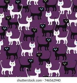 Seamless pattern of black and white cats on a lilac background