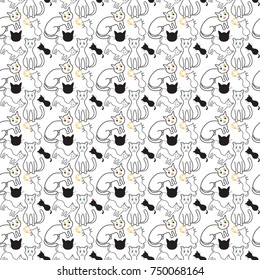 Seamless pattern with black white cats and yellow moon