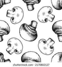 Seamless pattern with black and white champignon