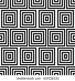 Seamless pattern with black white checked squares and striped lines. Optical illusion effect. Geometric tiles in op art style. Vector illusive background, texture. Decorative element, design template.
