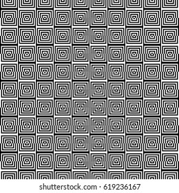 Seamless pattern with black white checked squares and striped lines. Optical illusion effect. Geometric tiles in op art style. Vector illusive background, texture. Decorative element, design template.