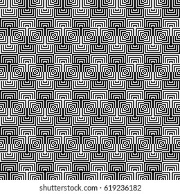 Seamless pattern with black white checked squares and striped lines. Optical illusion effect. Geometric tiles in op art style. Vector illusive background, texture. Decorative element, design template.