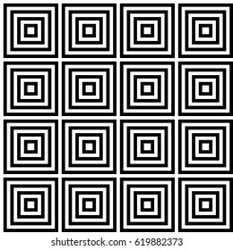 Seamless pattern with black white checked squares and striped lines. Optical illusion effect. Geometric tiles in op art style. Vector illusive background, texture. Decorative element, design template.