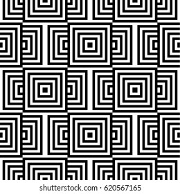 Seamless pattern with black white checked squares and striped lines. Optical illusion effect. Geometric tiles in op art style. Vector illusive background, texture. Decorative element, design template.