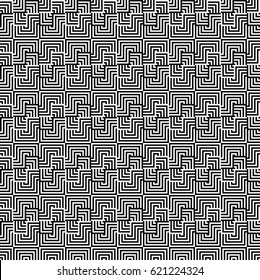 Seamless pattern with black white checked squares and striped lines. Optical illusion effect. Geometric tiles in op art style. Vector illusive background, texture. Decorative element, design template.
