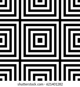 Seamless pattern with black white checked squares and striped lines. Optical illusion effect. Geometric tiles in op art style. Vector illusive background, texture. Decorative element, design template.