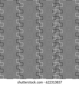 Seamless pattern with black white checked squares and striped lines. Optical illusion effect. Geometric tiles in op art style. Vector illusive background, texture. Decorative element, design template.