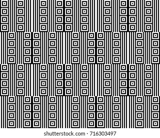 Seamless pattern with black white checked squares and striped lines. Optical illusion, illusive effect. Kinetic tile in op art. Vector hypnotic background, texture. Geometric frame, vibrant design.