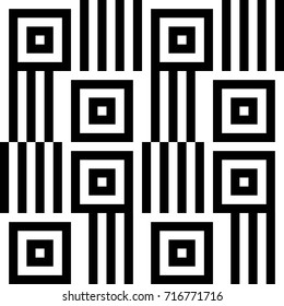 Seamless pattern with black white checked squares and striped lines. Optical illusion, illusive effect. Kinetic tile in op art. Vector hypnotic background, texture. Geometric frame, vibrant design.