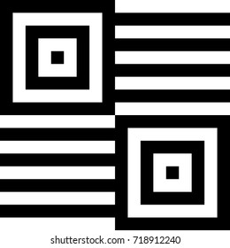 Seamless pattern with black white checked squares and striped lines. Optical illusion, illusive effect. Kinetic tile in op art. Vector hypnotic background, texture. Geometric frame, vibrant design.