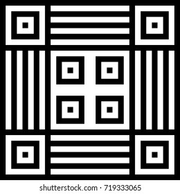 Seamless pattern with black white checked squares and striped lines. Optical illusion, illusive effect. Kinetic tile in op art. Vector hypnotic background, texture. Geometric frame, vibrant design.