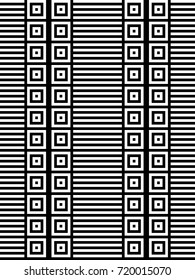 Seamless pattern with black white checked squares and striped lines. Optical illusion, illusive effect. Kinetic tile in op art. Vector hypnotic background, texture. Geometric frame, vibrant design.