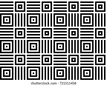 Seamless pattern with black white checked squares and striped lines. Optical illusion, illusive effect. Kinetic tile in op art. Vector hypnotic background, texture. Geometric frame, vibrant design.