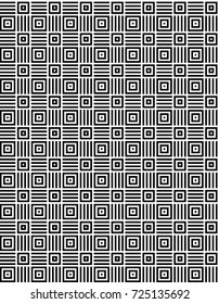 Seamless pattern with black white checked squares and striped lines. Optical illusion, illusive effect. Kinetic tile in op art. Vector hypnotic background, texture. Geometric frame, vibrant design.