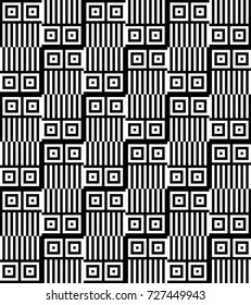 Seamless pattern with black white checked squares and striped lines. Optical illusion, illusive effect. Kinetic tile in op art. Vector hypnotic background, texture. Geometric frame, vibrant design.