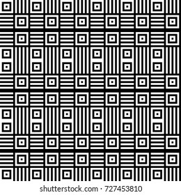 Seamless pattern with black white checked squares and striped lines. Optical illusion, illusive effect. Kinetic tile in op art. Vector hypnotic background, texture. Geometric frame, vibrant design.