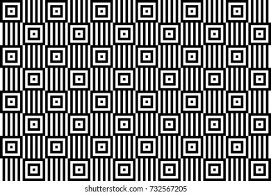 Seamless pattern with black white checked squares and striped lines. Optical illusion, illusive effect. Kinetic tile in op art. Vector hypnotic background, texture. Geometric frame, vibrant design.