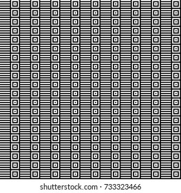 Seamless pattern with black white checked squares and striped lines. Optical illusion, illusive effect. Kinetic tile in op art. Vector hypnotic background, texture. Geometric frame, vibrant design.