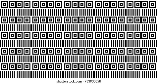 Seamless pattern with black white checked squares and striped lines. Optical illusion, illusive effect. Kinetic tile in op art. Vector hypnotic background, texture. Geometric frame, vibrant design.