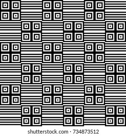 Seamless pattern with black white checked squares and striped lines. Optical illusion, illusive effect. Kinetic tile in op art. Vector hypnotic background, texture. Geometric frame, vibrant design.