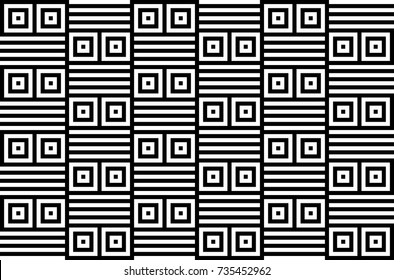 Seamless pattern with black white checked squares and striped lines. Optical illusion, illusive effect. Kinetic tile in op art. Vector hypnotic background, texture. Geometric frame, vibrant design.